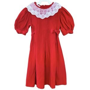 Vintage 90s Red Corduroy Victorian Dress Girls 5 Puff‎ Sleeves Lace Collar USA
